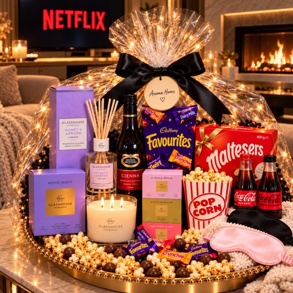 Movie night gift basket with popcorn, candy, and drinks in a gold tray