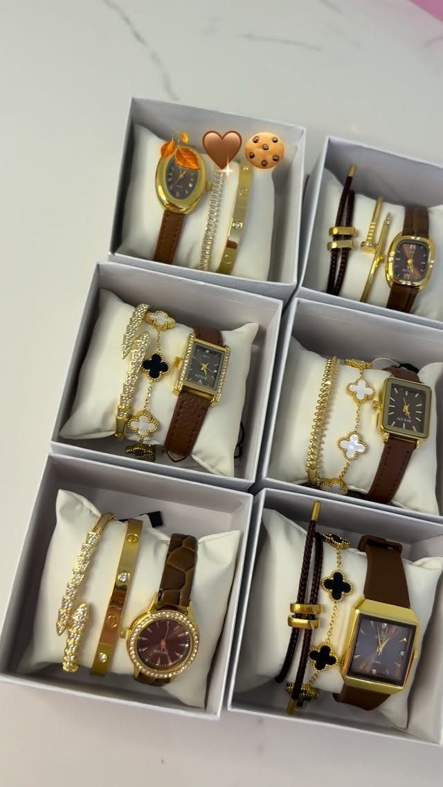 29 Trendy Gift Ideas for Her: The 2026 Gift Guide 25 Six gift boxes containing gold watches and matching bracelets on white cushions.