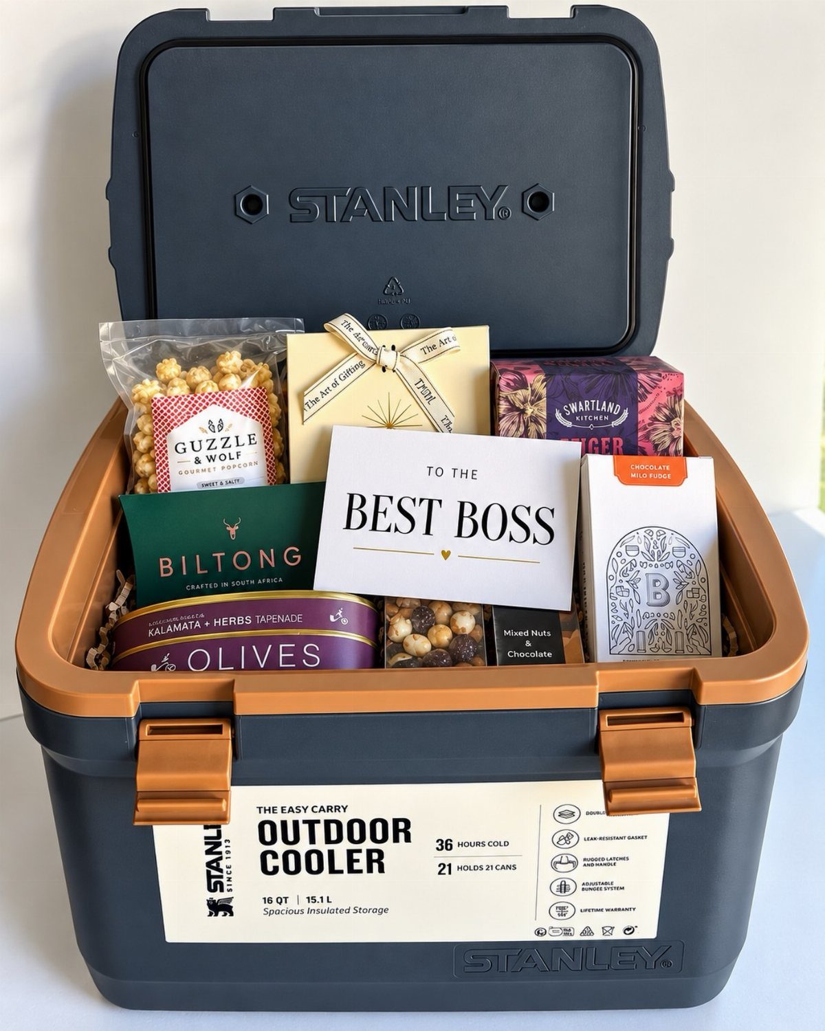 9 Unique Gift for Boss 7 Stanley outdoor cooler filled with gourmet snacks and a card for the best boss