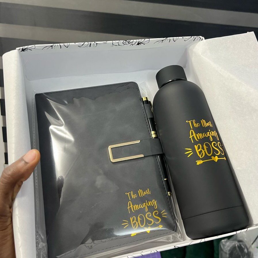 9 Unique Gift for Boss 6 Black notebook and water bottle with gold Boss text in a gift box