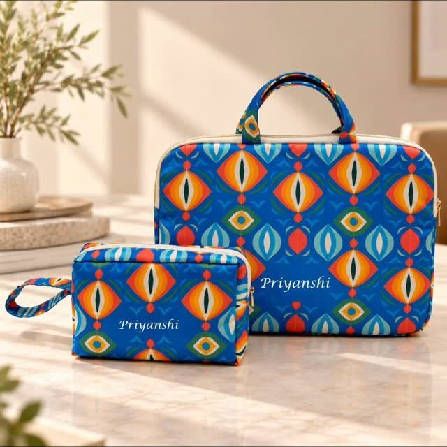 9 Unique Gift for Boss 9 Blue patterned laptop sleeve and matching pouch with personalized name on marble surface
