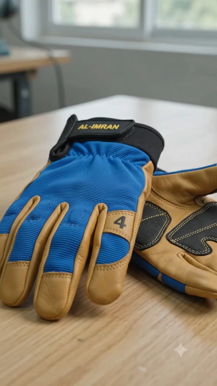 12 Useful Gifts for Dad: Practical Picks He'll Actually Use 12 Blue and tan leather work gloves resting on a light wooden table surface.
