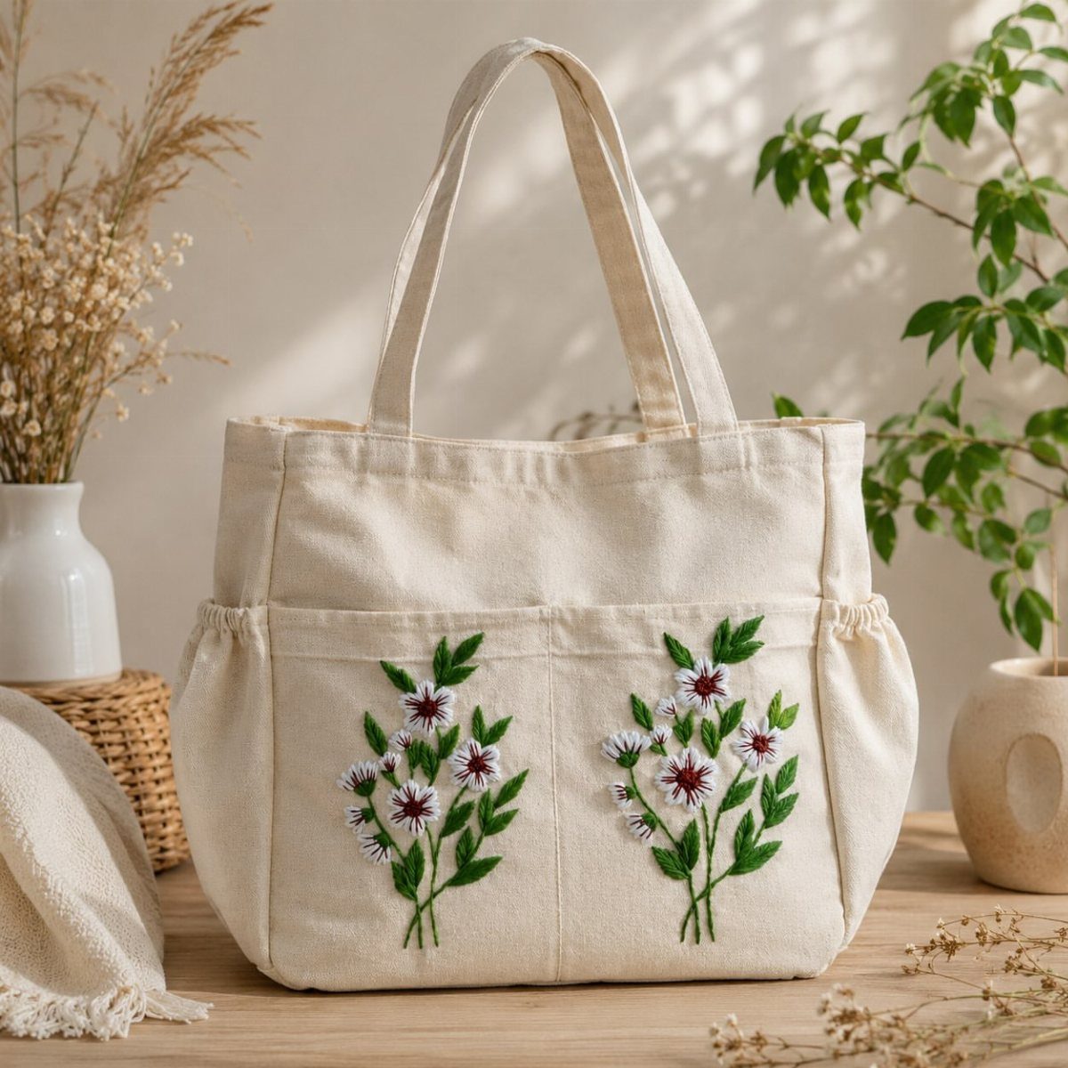 Cream canvas tote bag with embroidered floral designs on a wooden table