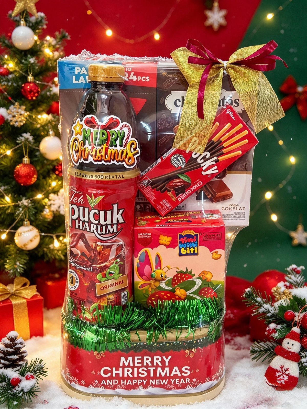 Christmas gift basket filled with bottled tea and chocolate snacks with a gold bow