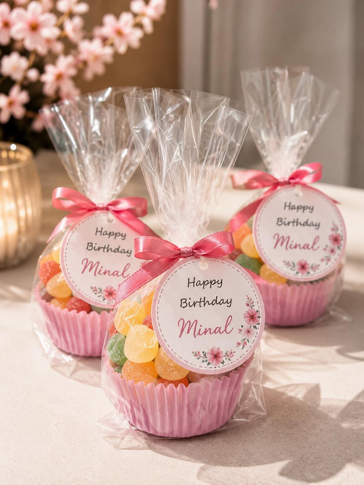 Three clear bags of colorful gummy candies in pink liners with birthday tags.